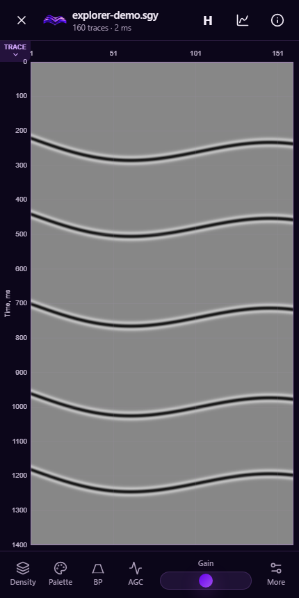 Mobile seismic section viewer showing synthetic reflection data, time and trace axes and display controls