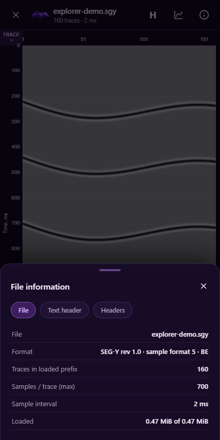 File information panel showing SEG-Y format, trace count, sample interval and header tabs